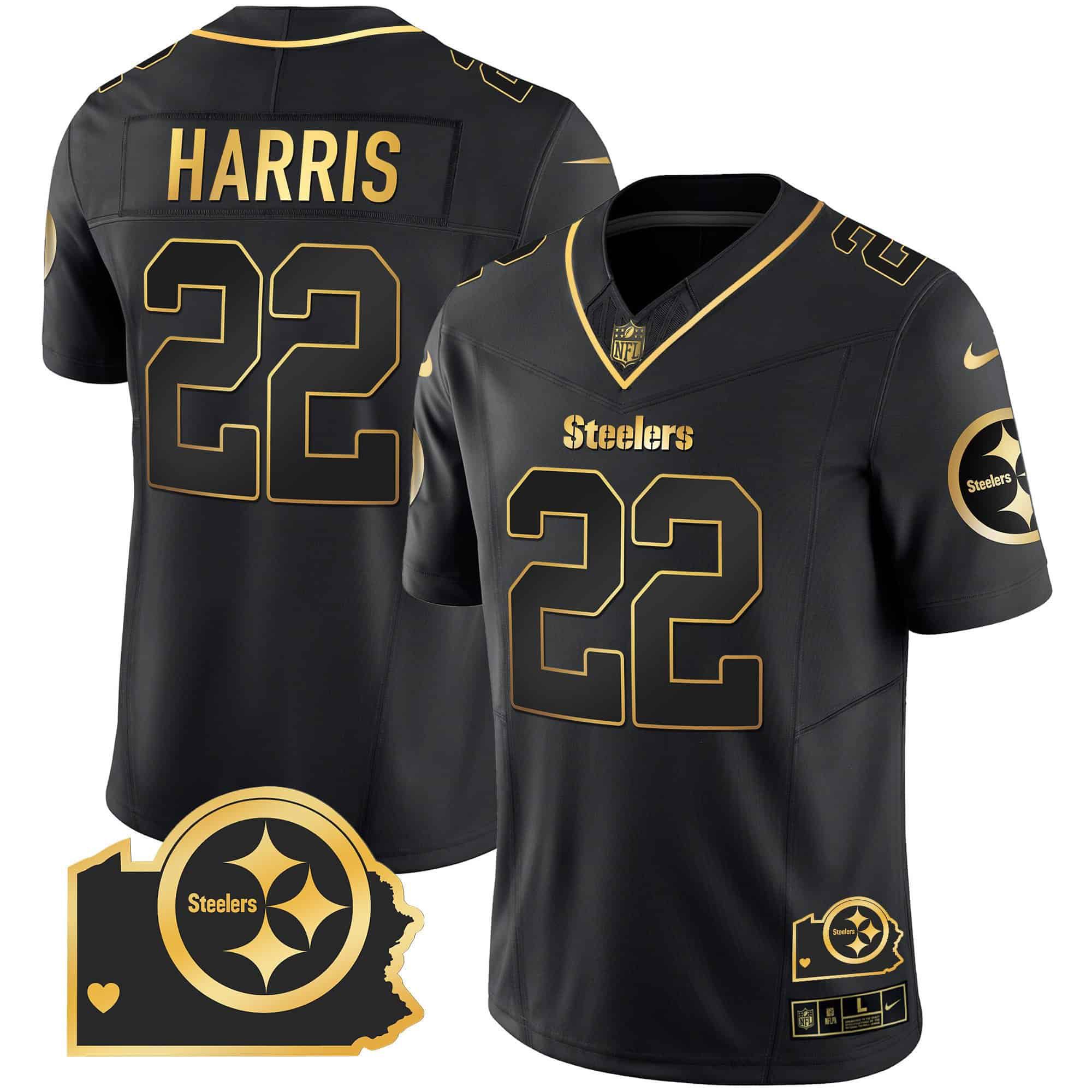 Men Pittsburgh Steelers 22 Harris Black Gold 2024 Nike Home Patch Vapor Limited NFL Jersey style 2